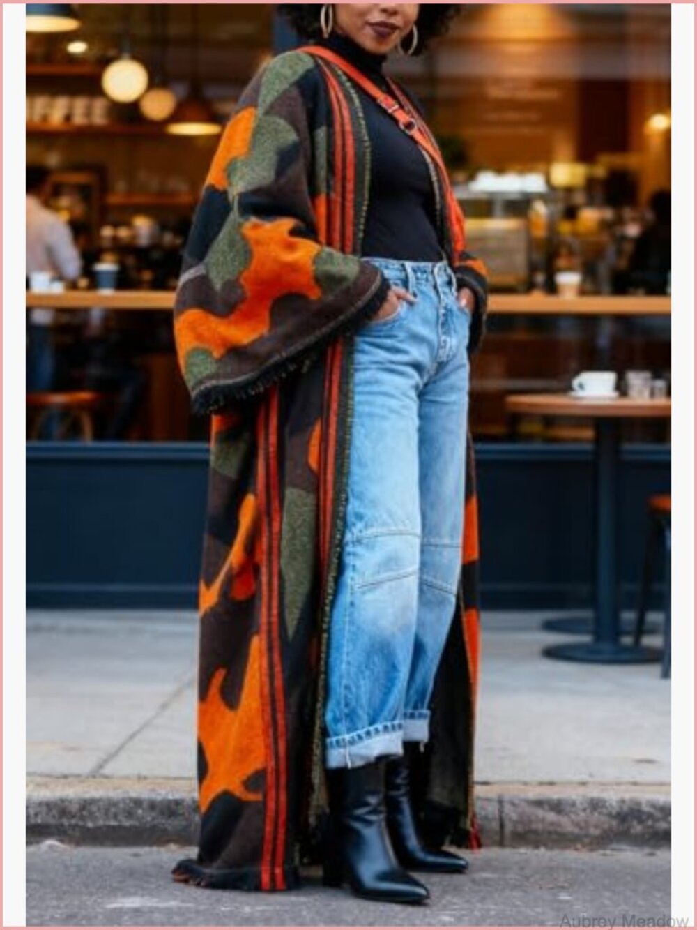 Long Camo Cardigan Poncho Open Front Fringe Knit Duster Kimono Maxi Cape Coat - Picture 6 of 7